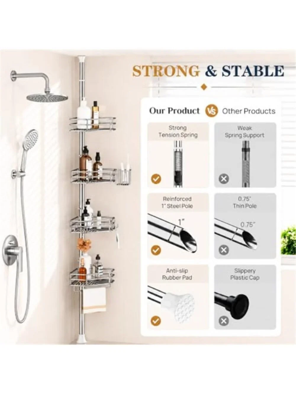Rustproof Corner Shower Caddy Tension Pole for Bathroom Storage